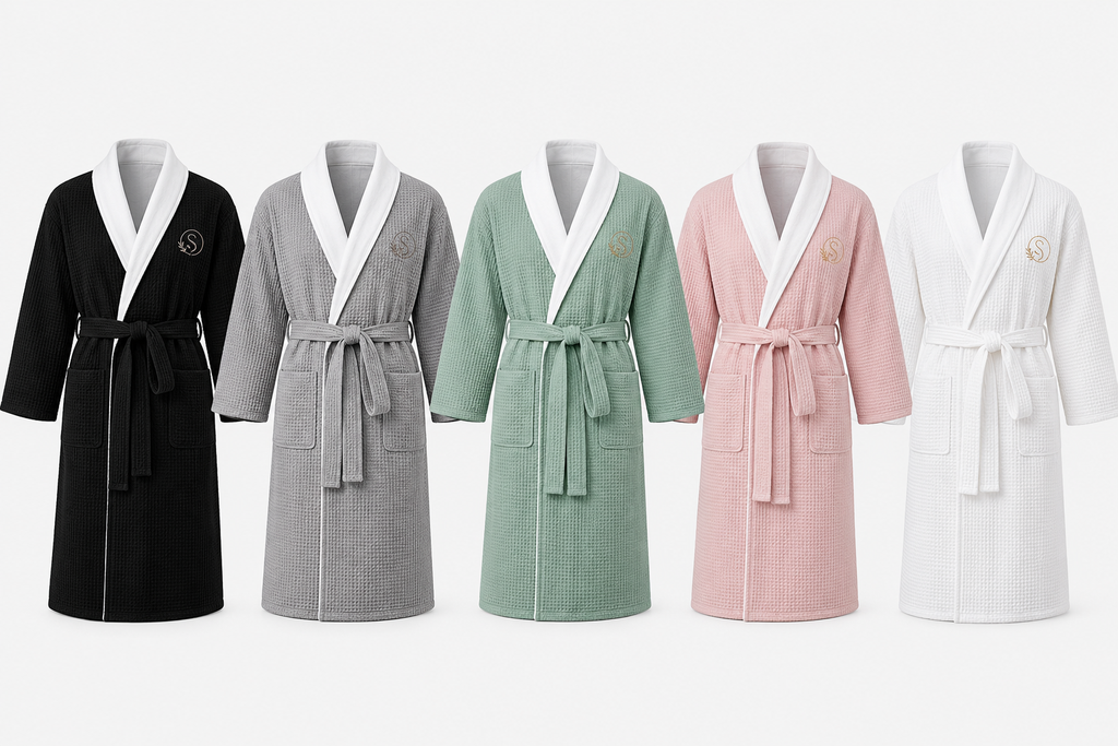 Serene Comfort luxury bathrobe collection, five colours, cotton waffle bathrobe